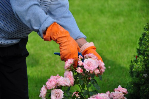 Workers wearing PPE including gloves, goggles and hi-vis vests on a garden site