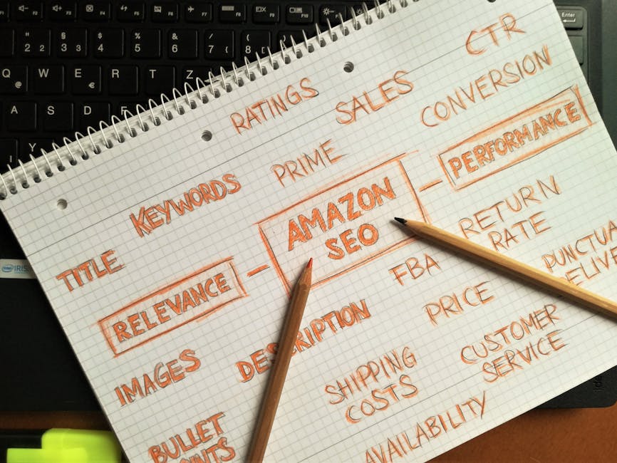 A sheet of graph paper with handwritten notes in orange ink outlines various SEO and marketing keywords related to Amazon SEO, including terms such as 'relevance,' 'keywords,' 'prime,' 'descriptions,'