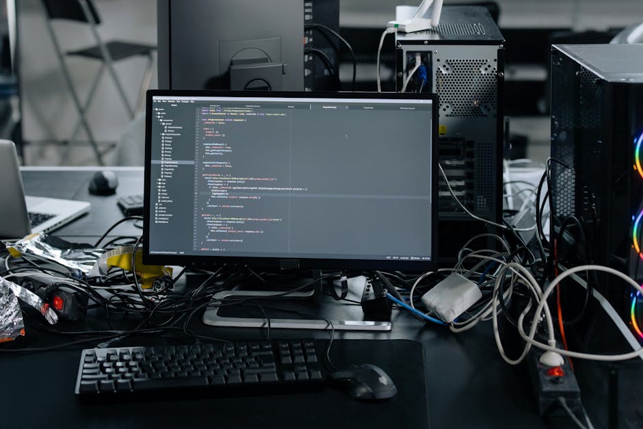 The image depicts a cluttered desk workspace with a central computer monitor displaying lines of code in a dark-themed programming environment. To the left of the monitor, there is a closed laptop and